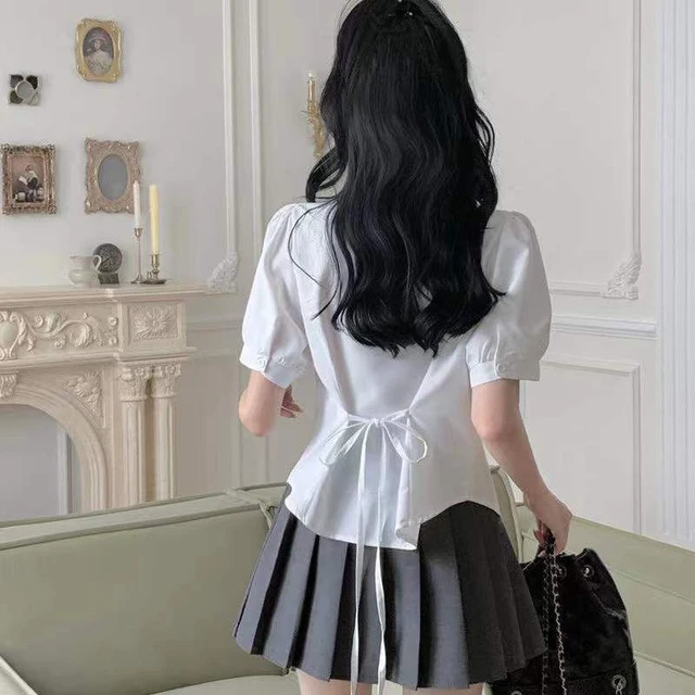 White Sweet Shirt Women Korean Fashion Preppy Style Jk Bandage Short Sleeve Shirt Ladies Summer Y2K Slim Elegant Bow Tops New - Image 2