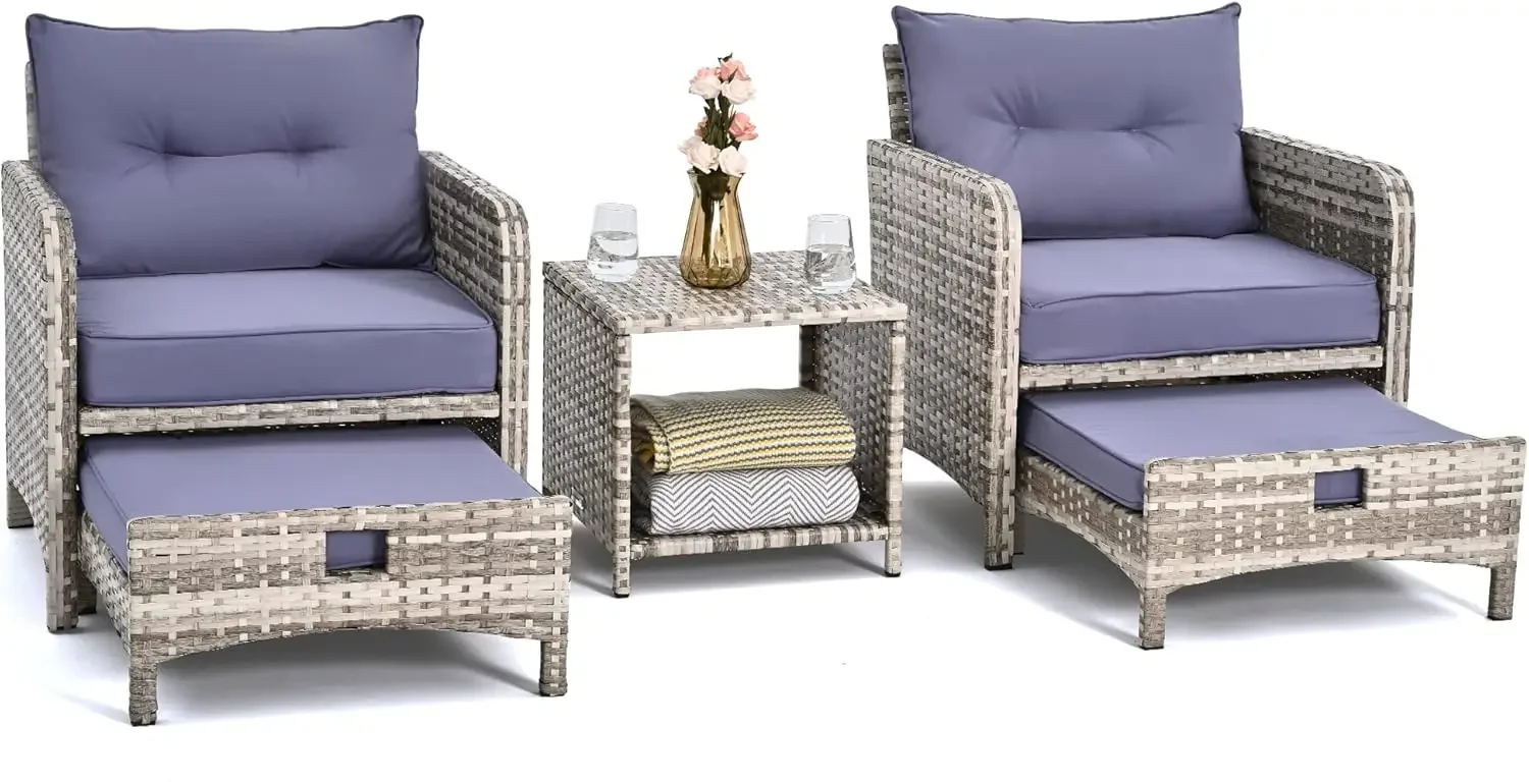 NEW-5 Pieces Wicker Patio Furniture Set Outdoor Patio Chairs with Ottomans Conversation Furniture (Purple Cushion + Grey Ratten)
