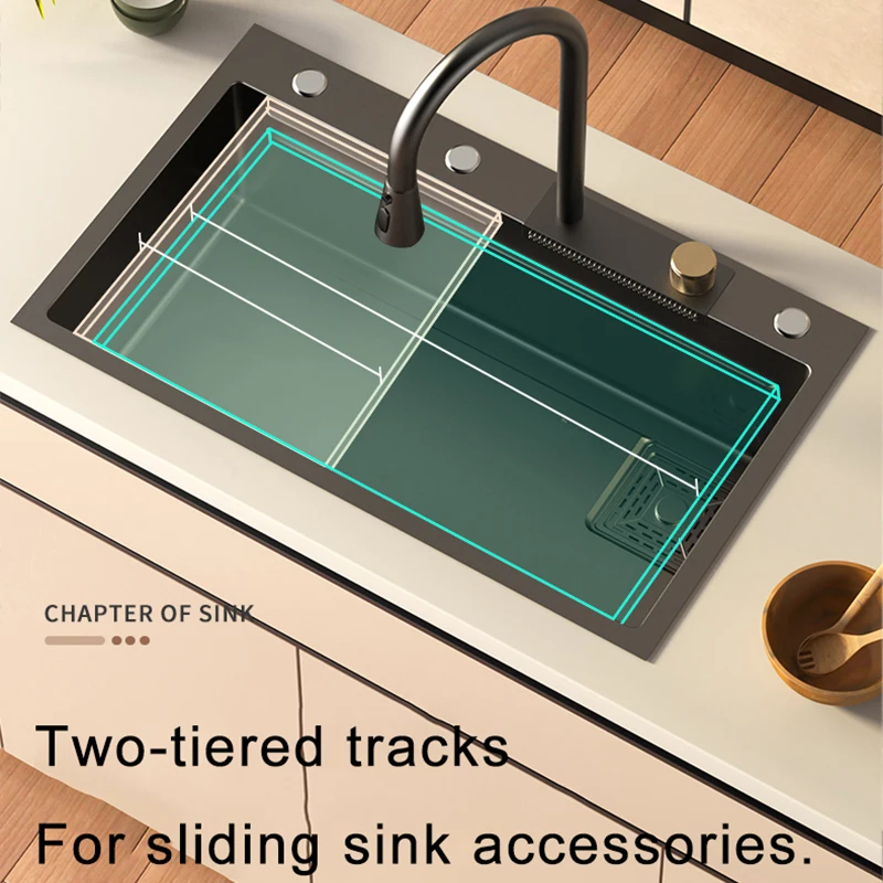 304 Stainless Steel Kitchen Sink With Waterfall Faucet Single Bowl Basin Workstation Topmount Sink With Accessories
