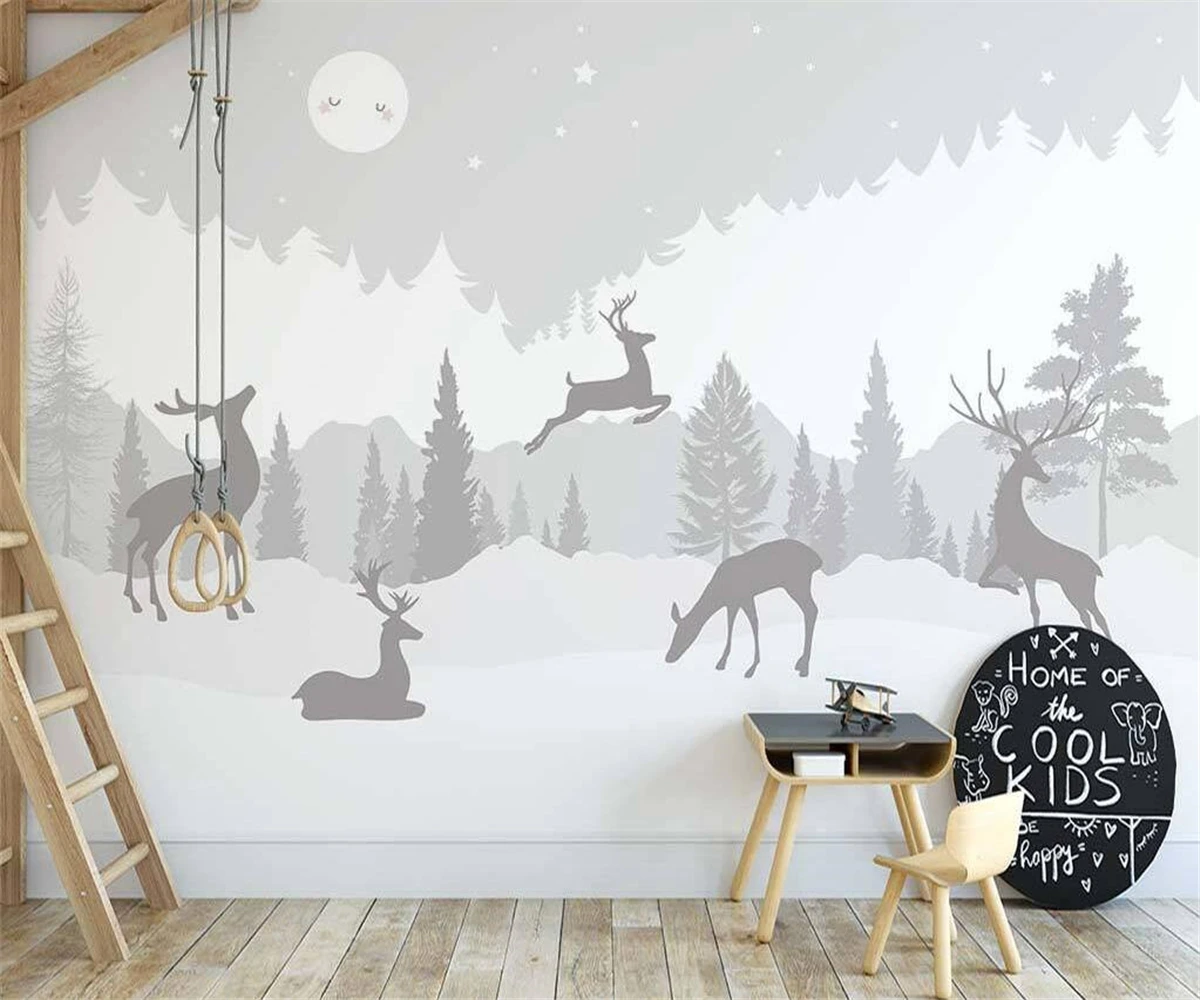 Custom mural Nordic hand-painted cartoon forest elk children's room bedroom home background wall 3d wallpaper papel de parede 50 sheets pack washi paper sticker set hand account magazine series hand painted cartoon material decorative stickers