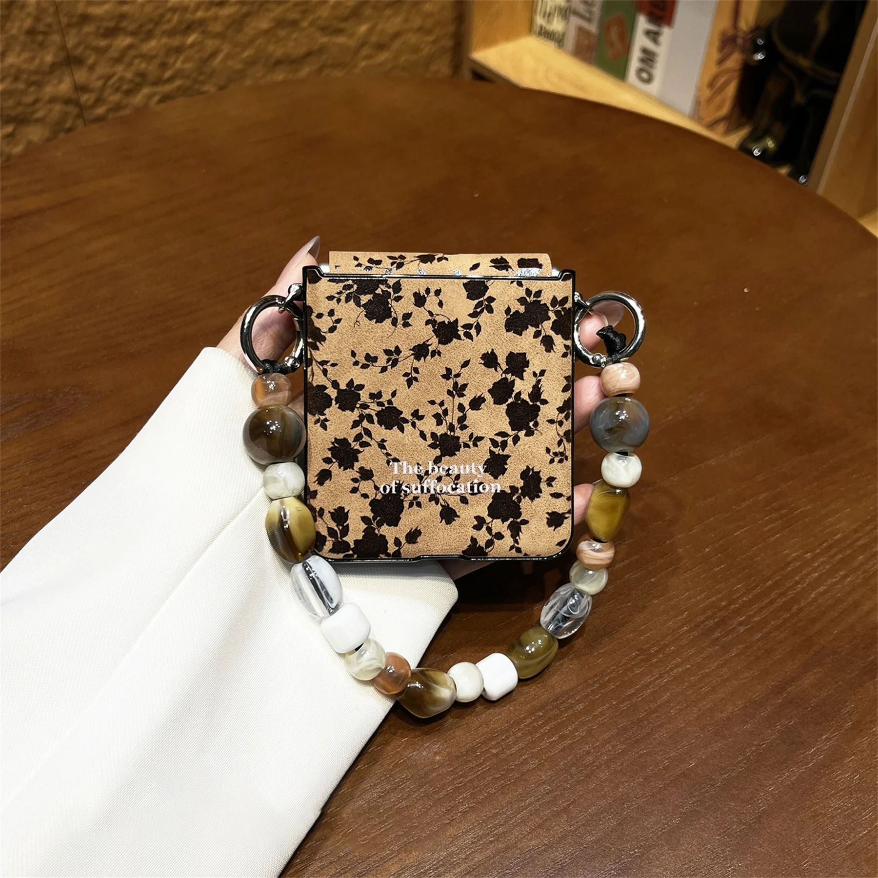 Classic Full Screen Maple Leaf Brown Case with Stone Bracelet Chain - Back Cover