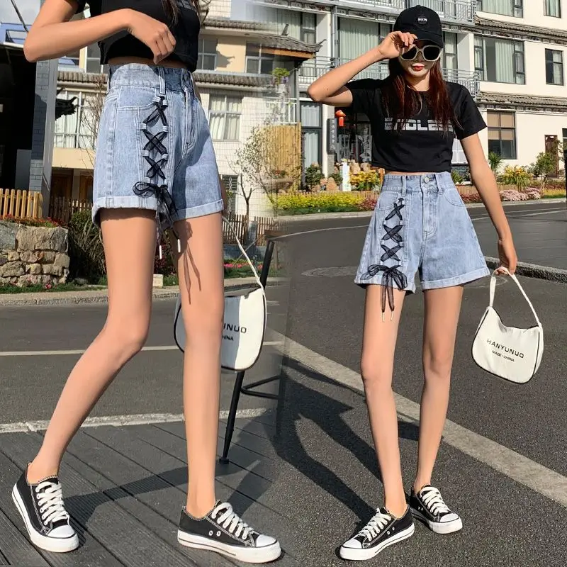 Denim Shorts Strap Double Buckle Flanging High Waist Female Summer Joker Trend Korean Fashion Light New.