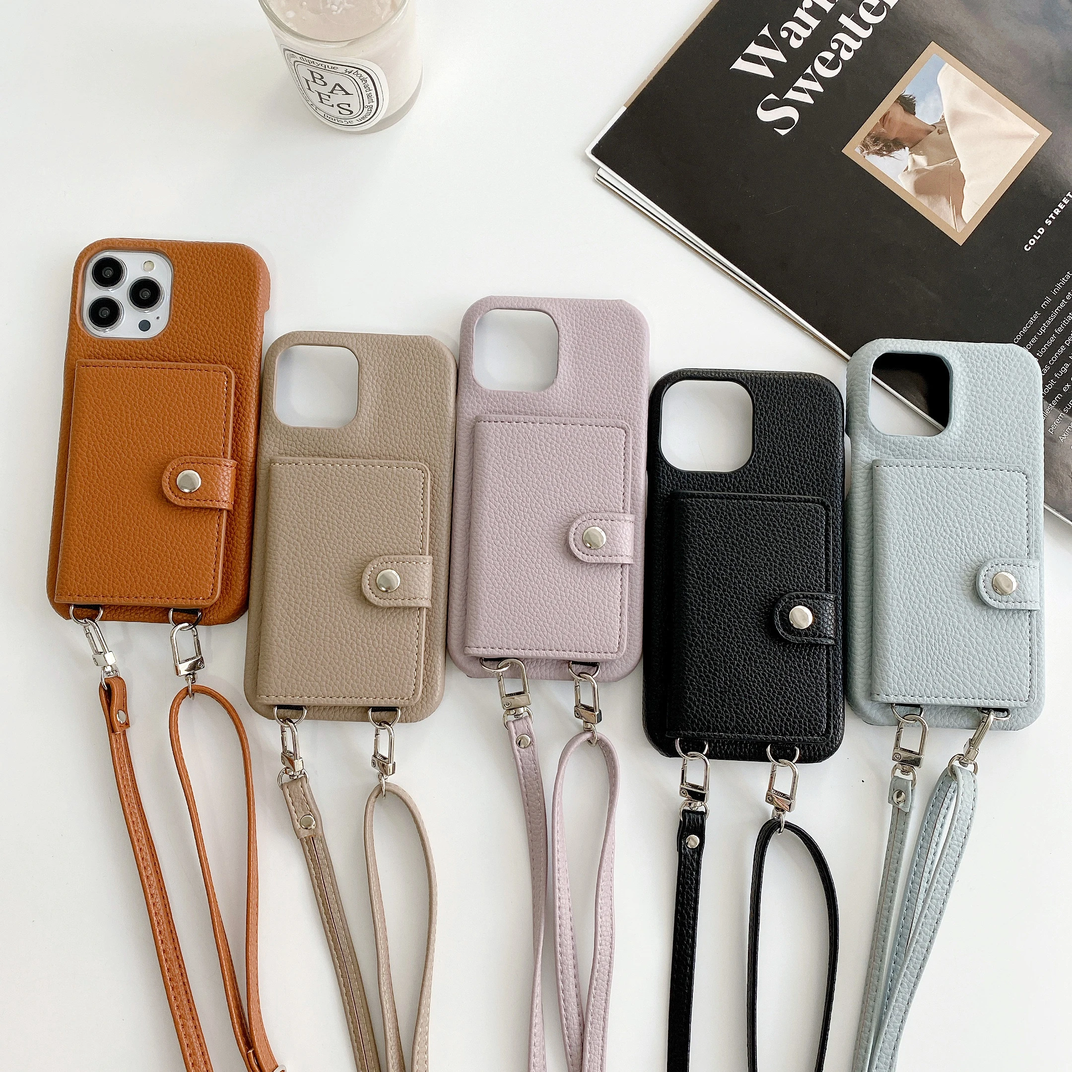 Capa de Telefone com Correia de Corda de Couro Capa de Cartão Packa Colar Cordão Iphone 13 Pro Max 12 11 14 xs xr Mini Plus 15 Pro