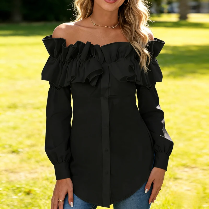 Spring New Fashion Women's Ruffle Edge One-word Neck Off-the-shoulder Cardigan Shirt Elegant Solid Color Casual Slim-fit Blouse