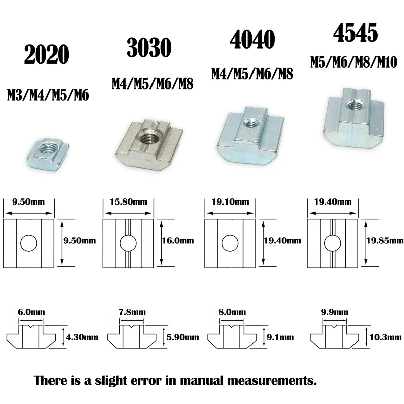 100p/ T Block Square Nut M3 M4 M5 M6 M8 T-Track Sliding Hammer Nut for 3d printer 3030 4040 4545 Aluminum Connector Profile
