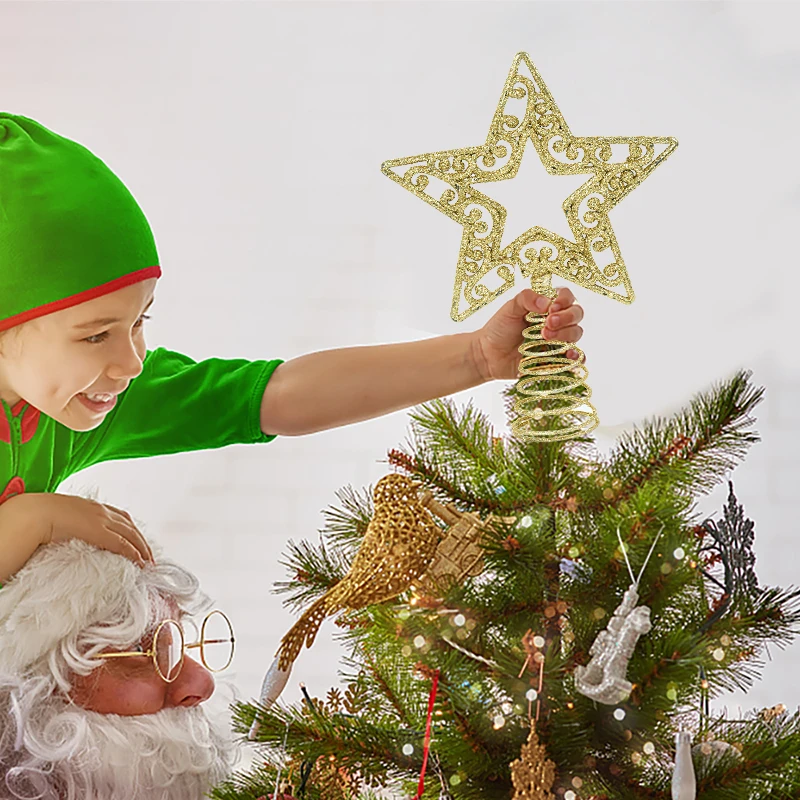 The Holiday Aisle® Christmas Angel Tree Topper With 6 Projection Modes, Hollowed Pentagram Tree Top With Gold Spangles Plated Plug In For Indoor Outdoor Christmas Decorations, Gold