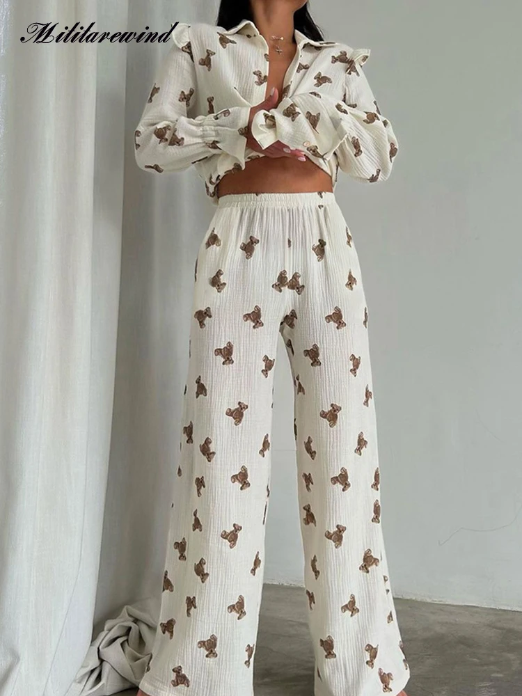 

New Arrival Spring Fall Women's Sleepwear Cartoon Bear Printed Long Sleeve Shirt and Trousers Women Pure Cotton Ruffled Homewear