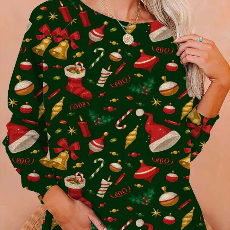 Spring and Autumn Women's Pullover Round Neck Christmas Letter Cartoon Printed Sweatshirt Bottom Sweatshirt Fashion Casual Tops
