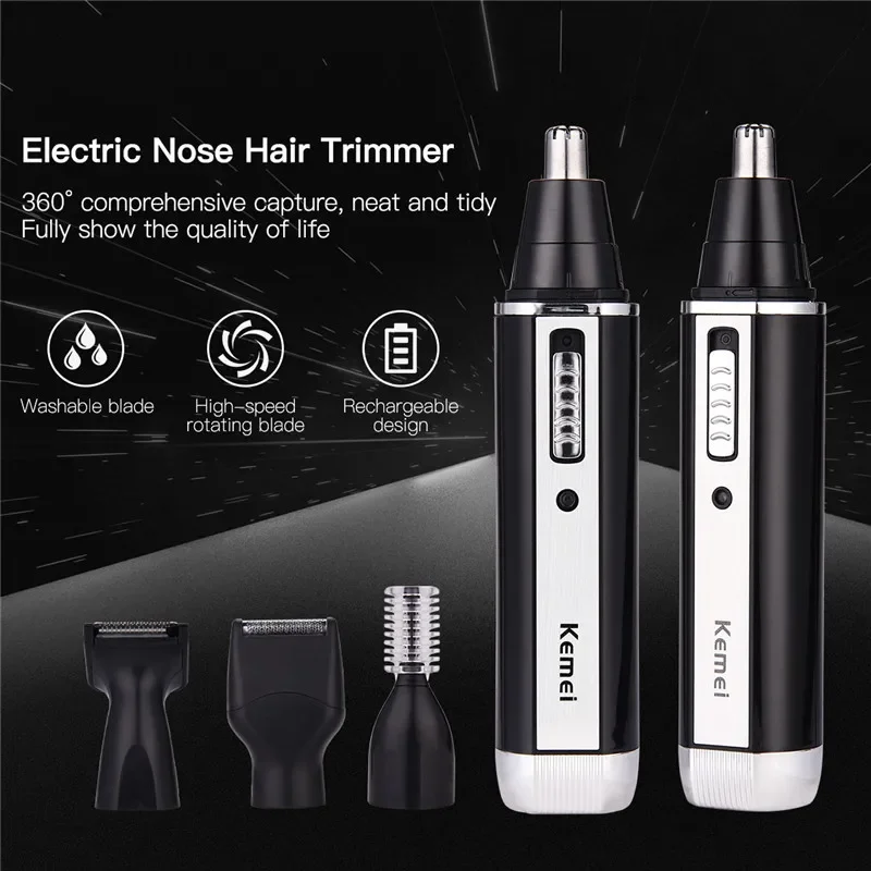 Kemei 4in1 Rechargeable Nose Trimmer Beard Trimer Men Micro Shaver Eyebrow Nose Hair Trimmer Nose and Ear Cleaner Grooming Set 4