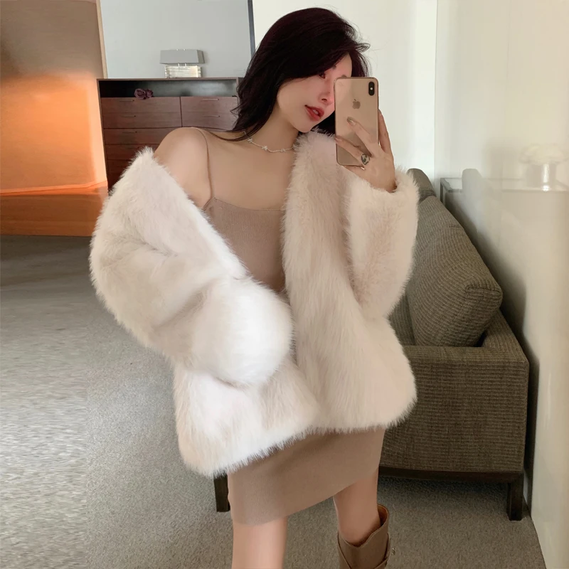 Korean style young women winter long sleeves faux fur coat cardigan design long loose female fur outerwear thick warm jackets
