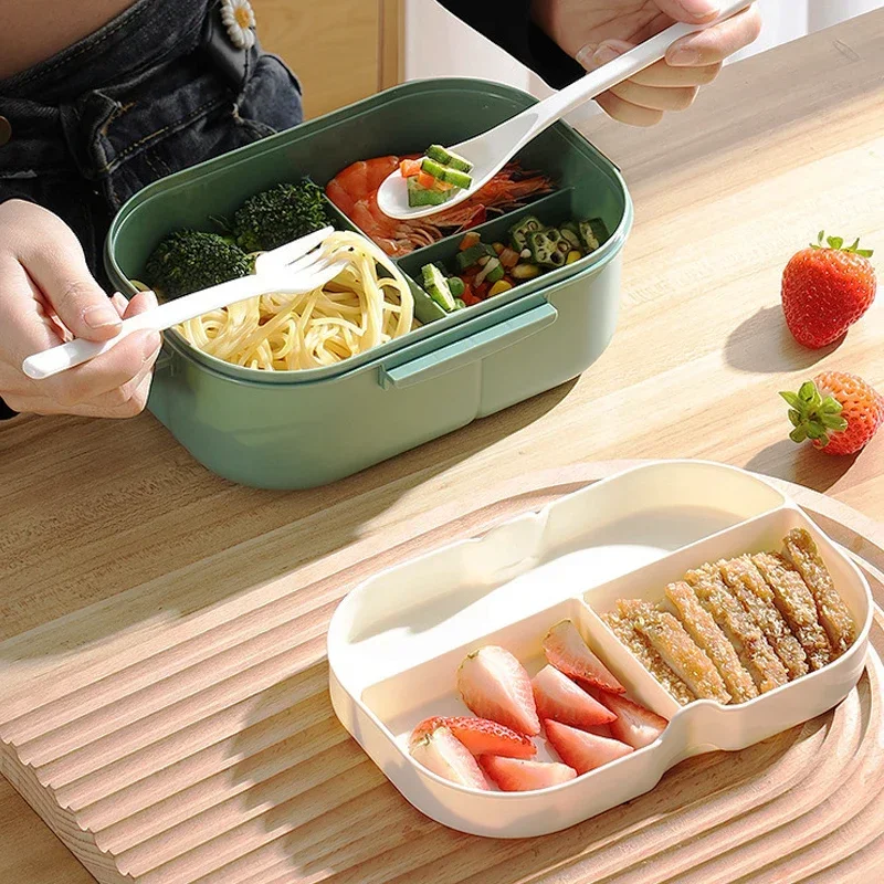 Portable Single Double-layer Lunch Box Compartment Fruit Food Microwave Lunch Box with Fork and Spoon Picnic Fresh Box