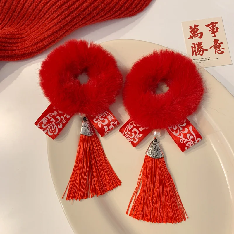 2PCS Neue Quaste Große Rote Chinesische-stil Haar Zubehör Nette Kindertag Und Neujahr Auftritte Nachahmung Kaninchen haar Schlaufen – Detail 2
