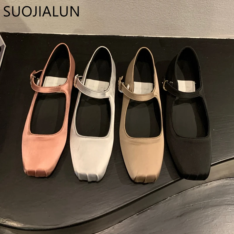 Spring New Women Flat Shoes Fashion Silk Square Toe Shallow Ladies Ballet Shoes Soft Casual Flat Mary Jane
