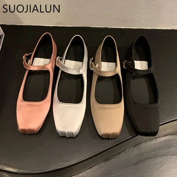 SUOJIALUN 부드러운 캐주얼 플랫 메리 제인 슈즈, 실크 스퀘어 토, 얕은 여성용 발레 슈즈, 패션 플랫 슈즈, 2023 봄 신상