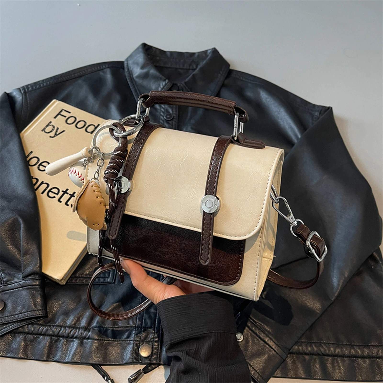 PU Leather Crossbody Bag with Pendant Backpack Fashion Square Bag for Women Work Shopping Travel