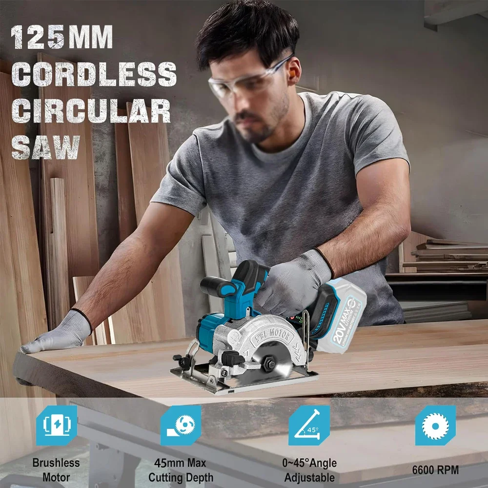 5 Inch 125MM Brushless Electric Circular Saw Hand Push Saw Multifunctional Woodworking Cutting Tool for Makita 18V Battery