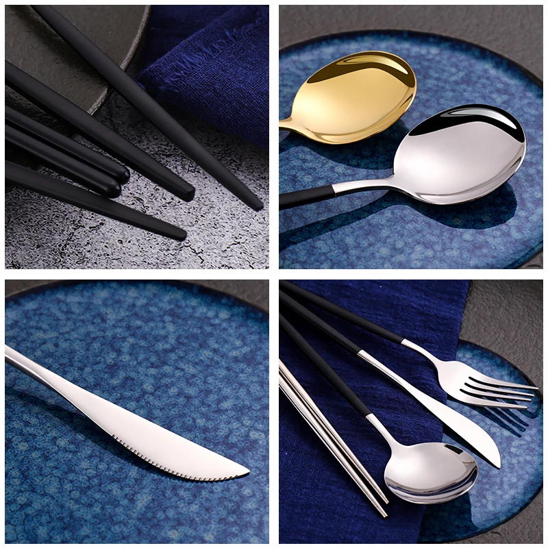 Cutlery Set 12-16 Pcs Korean Dinnerware Black Gold Cutlery Chopsticks Knife Fork Spoon Golden Stainless Steel Luxury Tableware