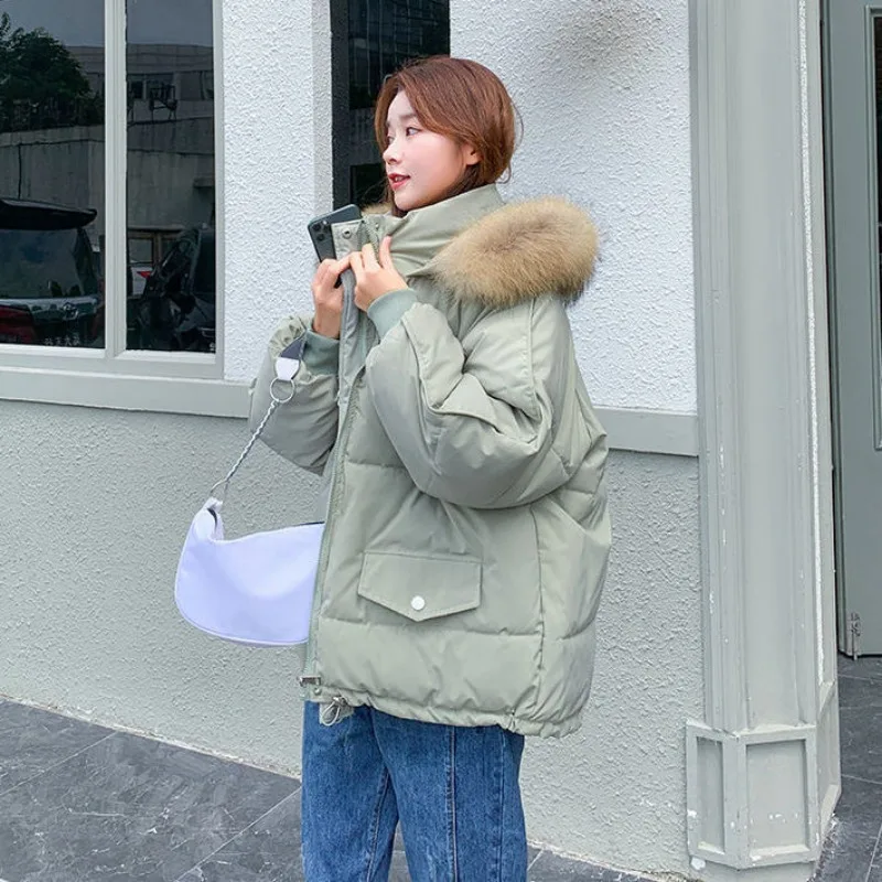 2023 New Women Down Cotton Coat Winter Jacket Female Short Parkas Loose Thick Warm Outwear Hooded Fur Collar Versatile Overcoat