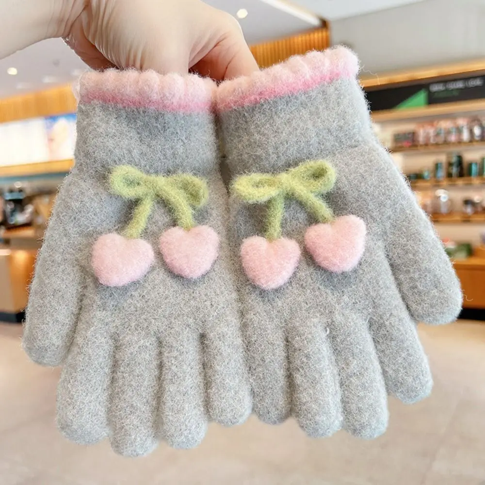 Cute Cherry Kids Knitted Gloves Thickened Winter Warm Children Full Fingers Gloves Plush Outdoor Sports Windproof