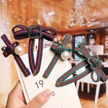 

New Girl BB Clip Red and Green Striped Edge Clip Button Temperament Bow Hairpin Pearl Cross Duckbill Clip Hair Accessories