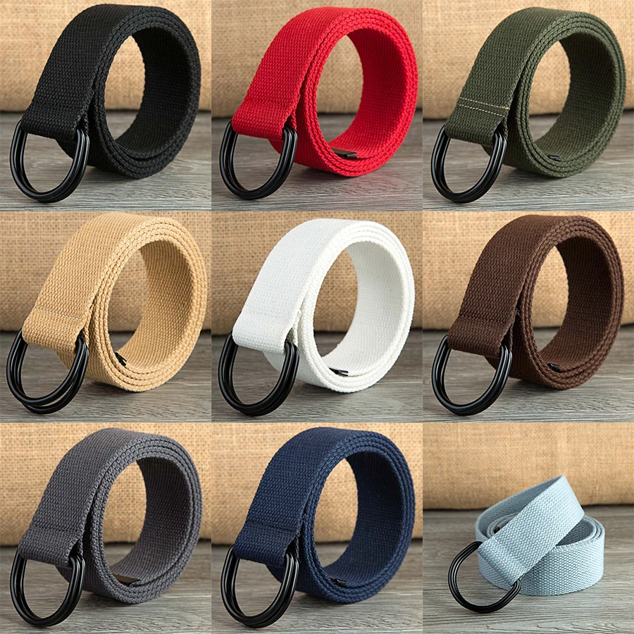 Fashion Casual Unisex Nylon Canvas Fabric Belt Strap D Ring Buckle Waist Band Solid Color Long Cloth Dress Knitted Waistband