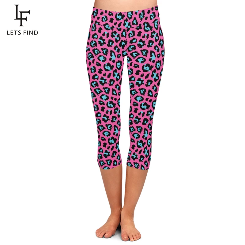 LETSFIND Summer Women Pink Capri Leggings New Leopard Grain Digital Print High Waist Milk Silk Print Mid-Calf Leggings