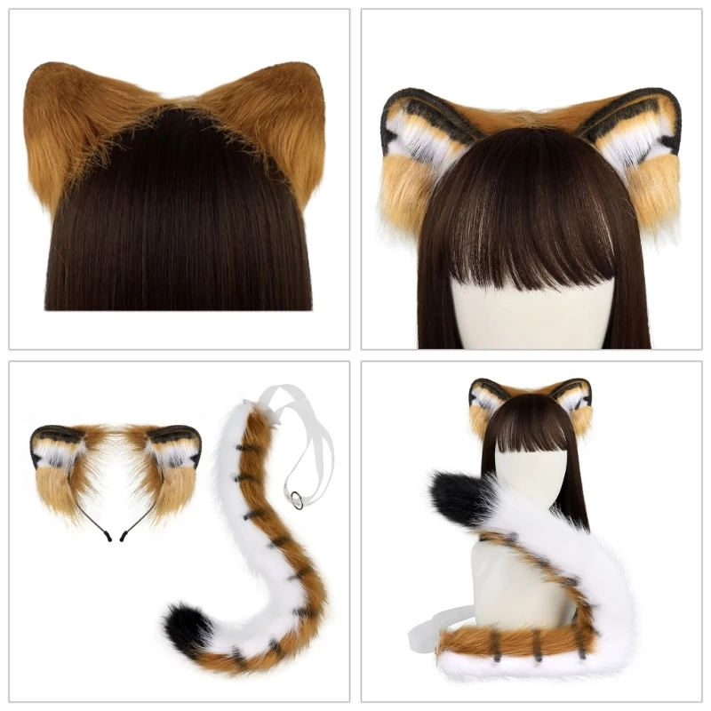 

B36D Handmade Plush Foxes Tigeres Ear Headband and Faux Furs Tail for Halloween Cosplay Party Costumes Accessories Kid Adult