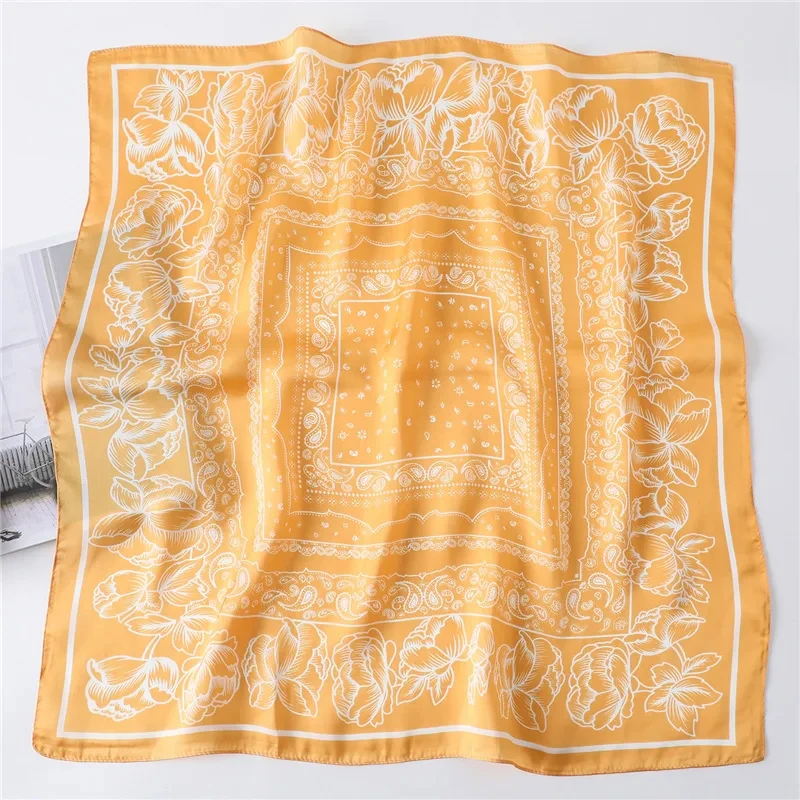 Luxus Blumen druck quadratischen Seiden schal für Frauen Hijab Haar bänder 70cm Halstuch weibliche Satin Schal Band Stirnband – Detail 16