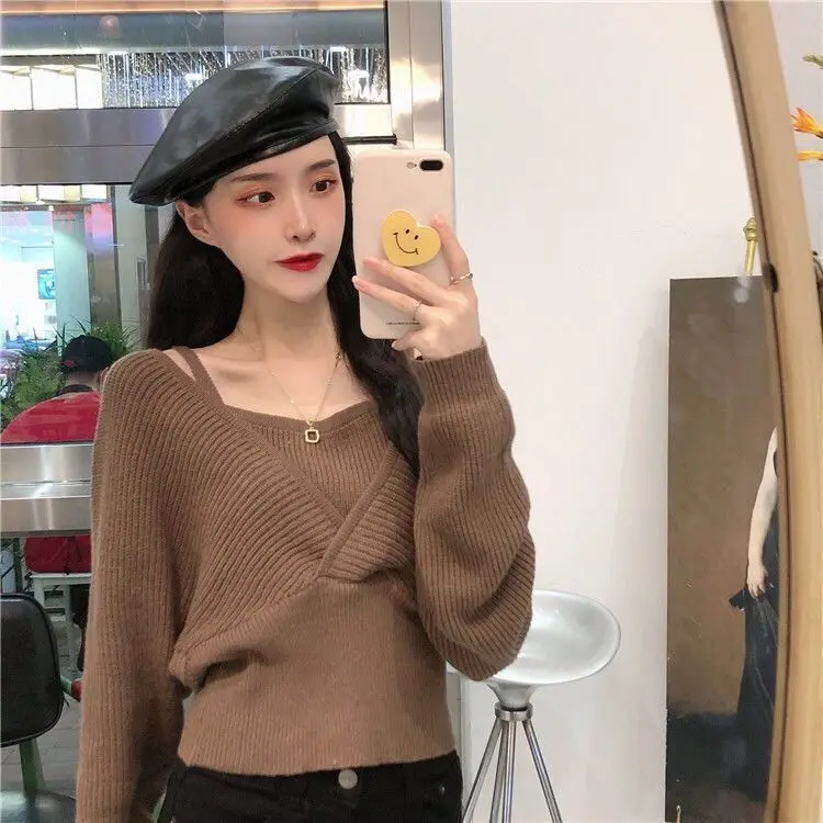 Innere Top Herbst und Winter 2025, neuer gefälschter zweiteiliger Pullover, sexy kurzer V-Ausschnitt, langärmeliger Pullover für Frauen – Detail 15