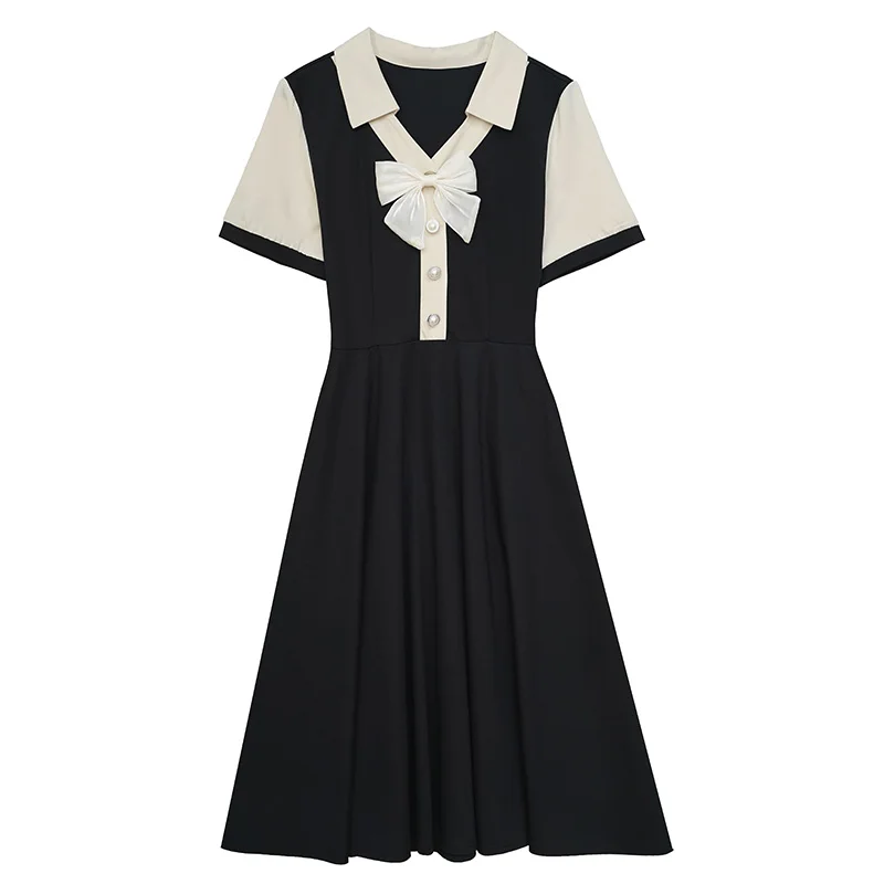 

Элегантные летние женские платья с бантом, V-образным вырезом и коротким рукавом, большие размеры, средней длины, черные бутоны из двух частей