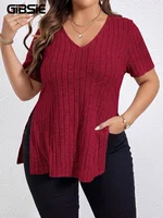 GIBSIE Plus Size Summer V Neck Short Sleeve T Shirt Women Fashion 2025 New Solid Rib-knit Casual Side Split Long Tees Tops