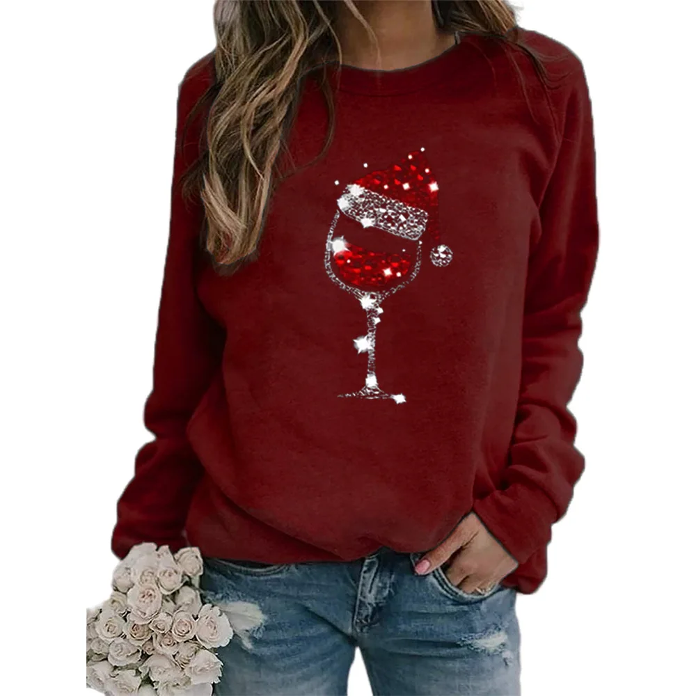 thumbnail image 1 of Suéter navideño para mujer, gorro navideño, copa de vino tinto, estampado, cuello redondo, manga larga, suéter 2023 nuevo, 1 of 4
