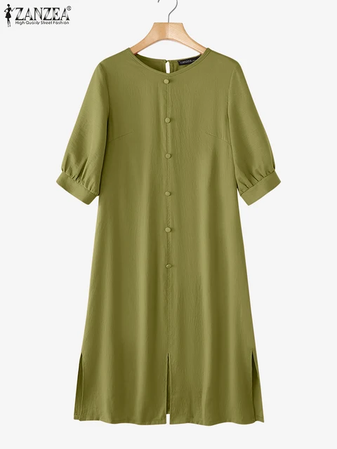 ZANZEA Estate Increspato Texture Abiti Midi Donne Girocollo Mezza Manica a Soffio Fessura-Hem Robes Femme Casual Allentato Solido Abiti 1