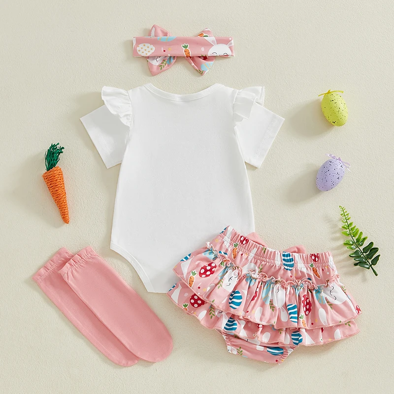0-12M 내 첫 부활절 복장 소녀 토끼 Romper 바디 슈트 + 프릴 투투 반바지 Bloomer 1st Easter Clothes
