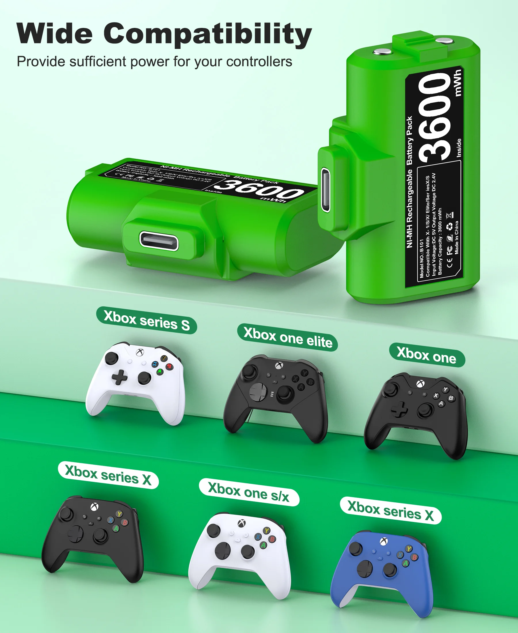 BEBONCOOL for Xbox One/SeriesX|S Controller Batteries 2 X 4800mWh Pack Play and Charge Kit USB-C Charging Cable/4 Covers