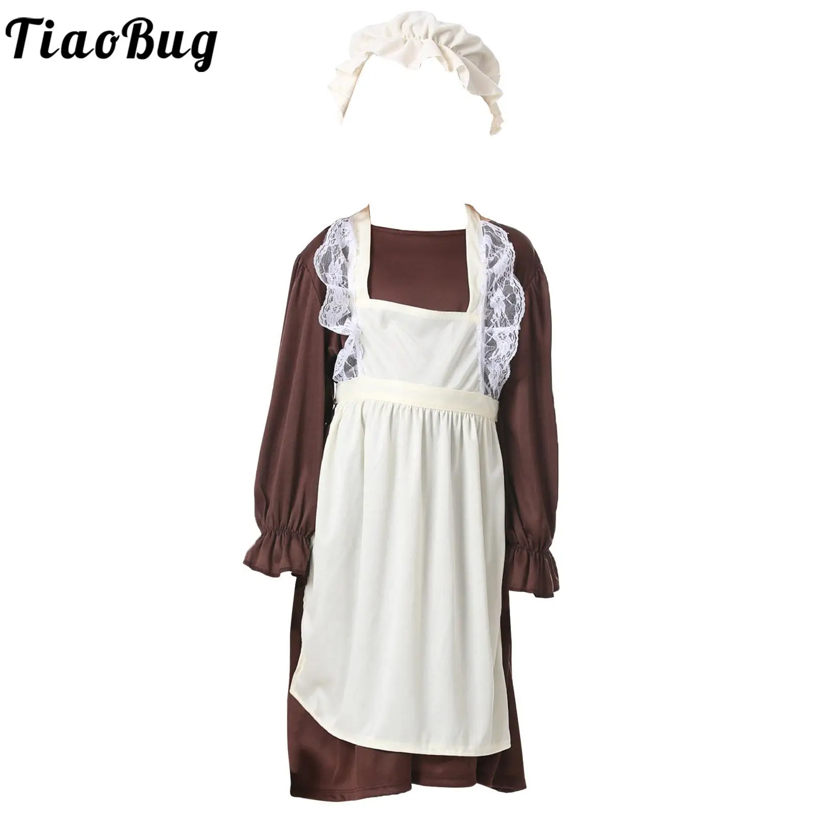 

Kids Girls Medieval Colonial Prairie Costume Halloween Carnival Theme Party Maid Cosplay Long Flared Sleeve Dress with Hat Apron