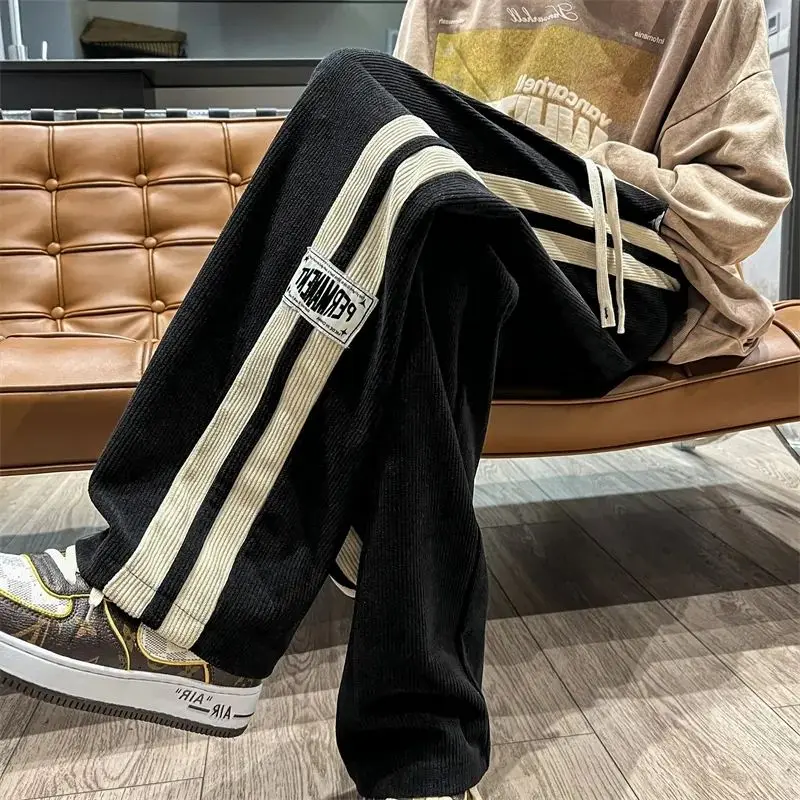 American High Street Trend Autumn Versatile Corduroy Casual Pants Men's Embroidery Patchwork Drawstring Pocket Straight Trousers