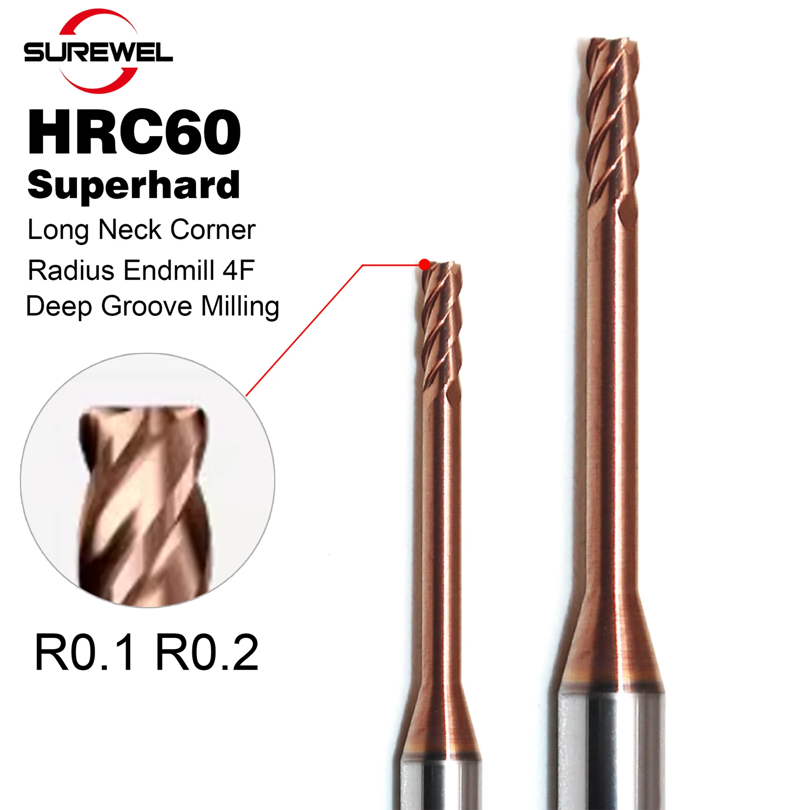 SUREWEL 1-3 mm 4-Flöte Superhard Langhals-Endfräser HRC60 Hartmetall-CNC-Werkzeug R0.1 R0.2 für Edelstahl-Tieffräser