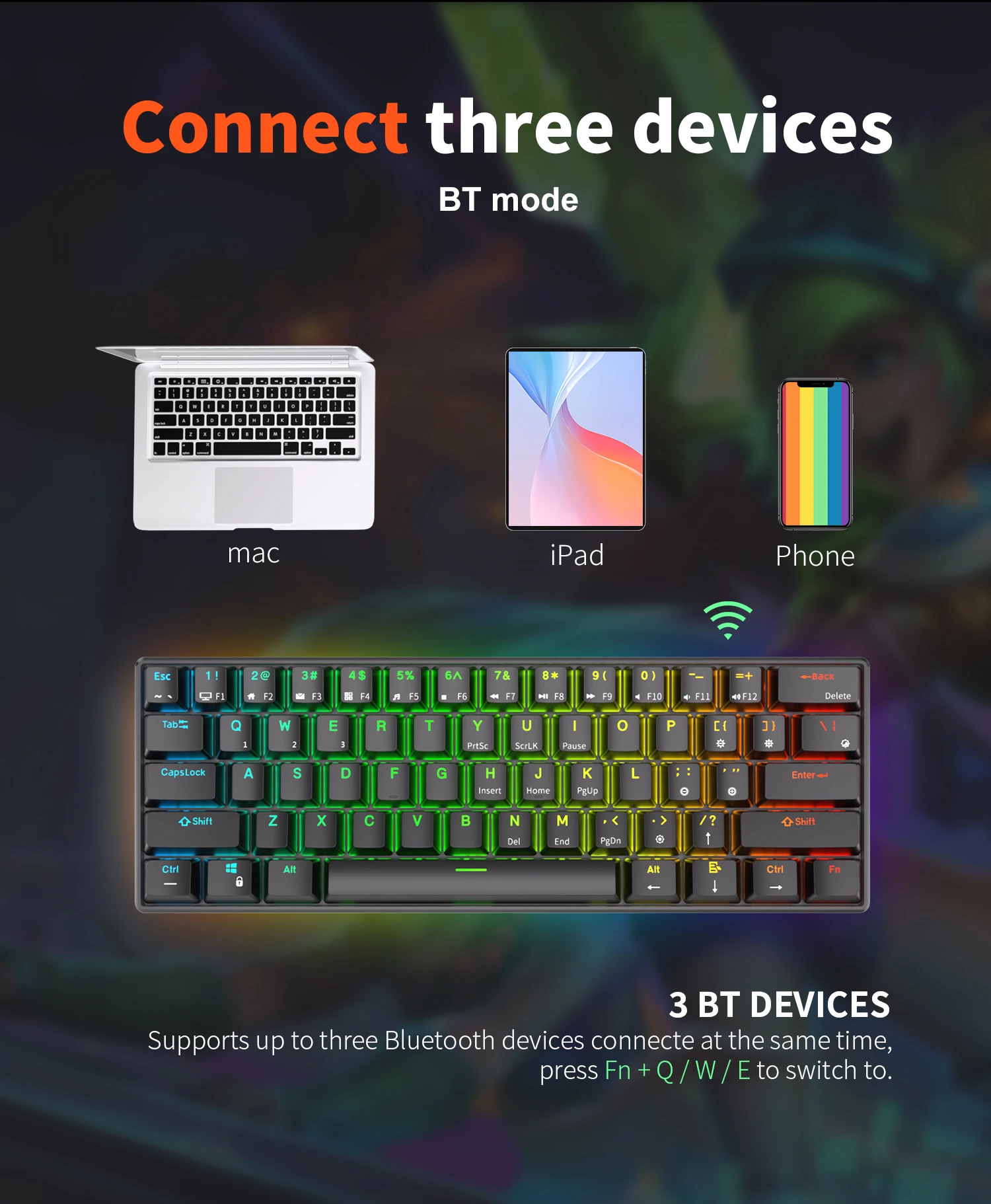 fio bluetooth 61 teclas 60% ultra-compacto modo