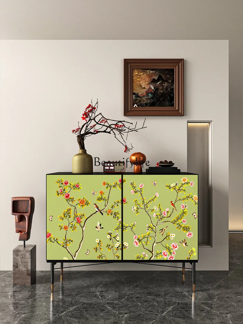New Chinese Style Retro Living Room Sideboard Cabinet Integrated Household Flower and Bird Painted Solid Wood Storage Cabinet