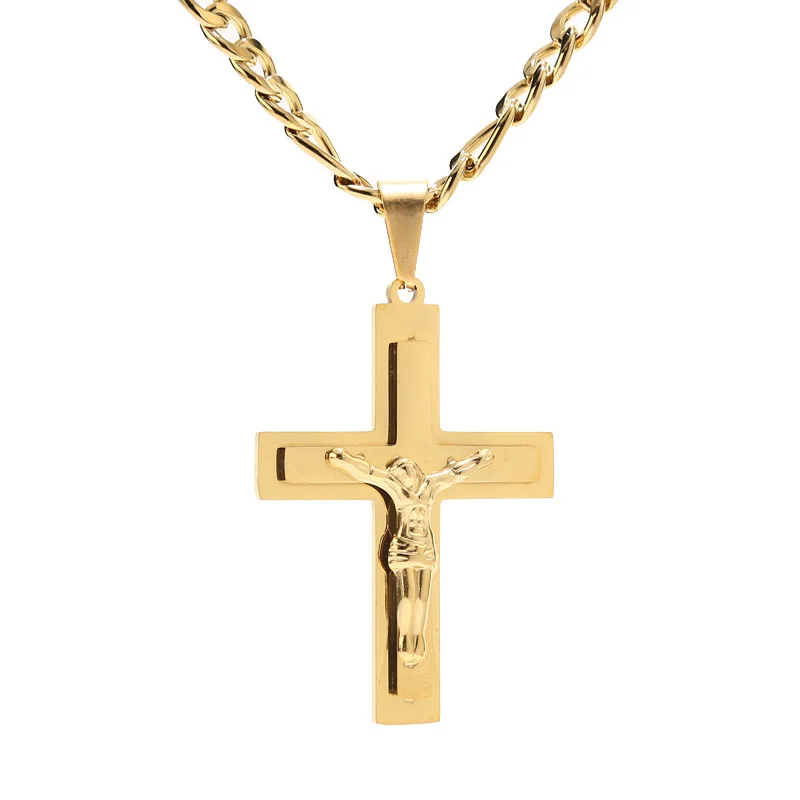

Gold Plated 316L Stainless Steel 35*51mm Necklaces Saint Catholic Benedict Crucifix San Jesus Necklace 3:1 Figaro Chains 24''