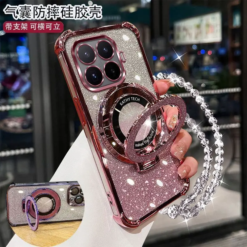Gradient Glitter Lovely Holder Hand Strap Electroplated Phone Case
