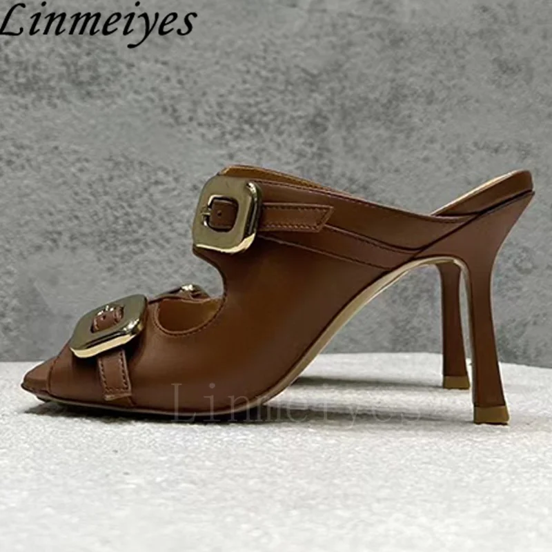 

Summer Slipper Woman High Heels Gladiator Sandals Genuine Leather Party Shoes Female Metal Buckle Stiletto Slippers For Women