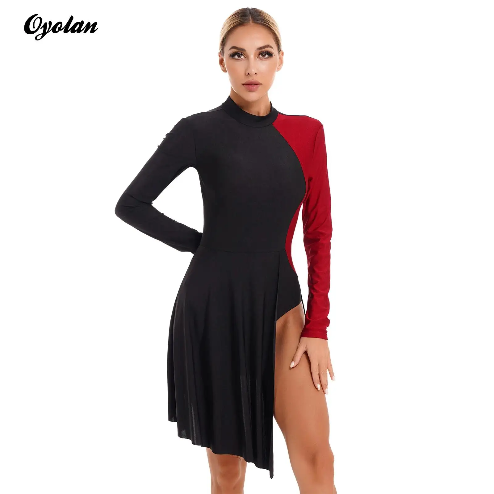 

Женское гимнастическое балетное трико с длинным рукавом, платье с разрезом сбоку и асимметричным подолом для современных танцев