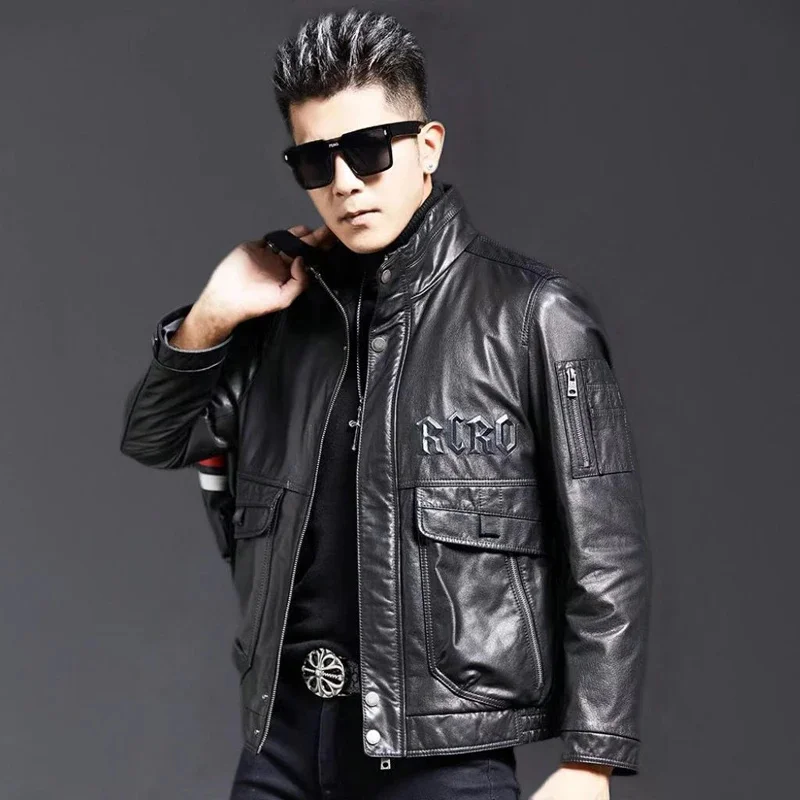 

Men's Genuine Leather Jacket Biker Motorcycle Wear Short Standing Collar Oil Wax Men Sheepskin Man Coat