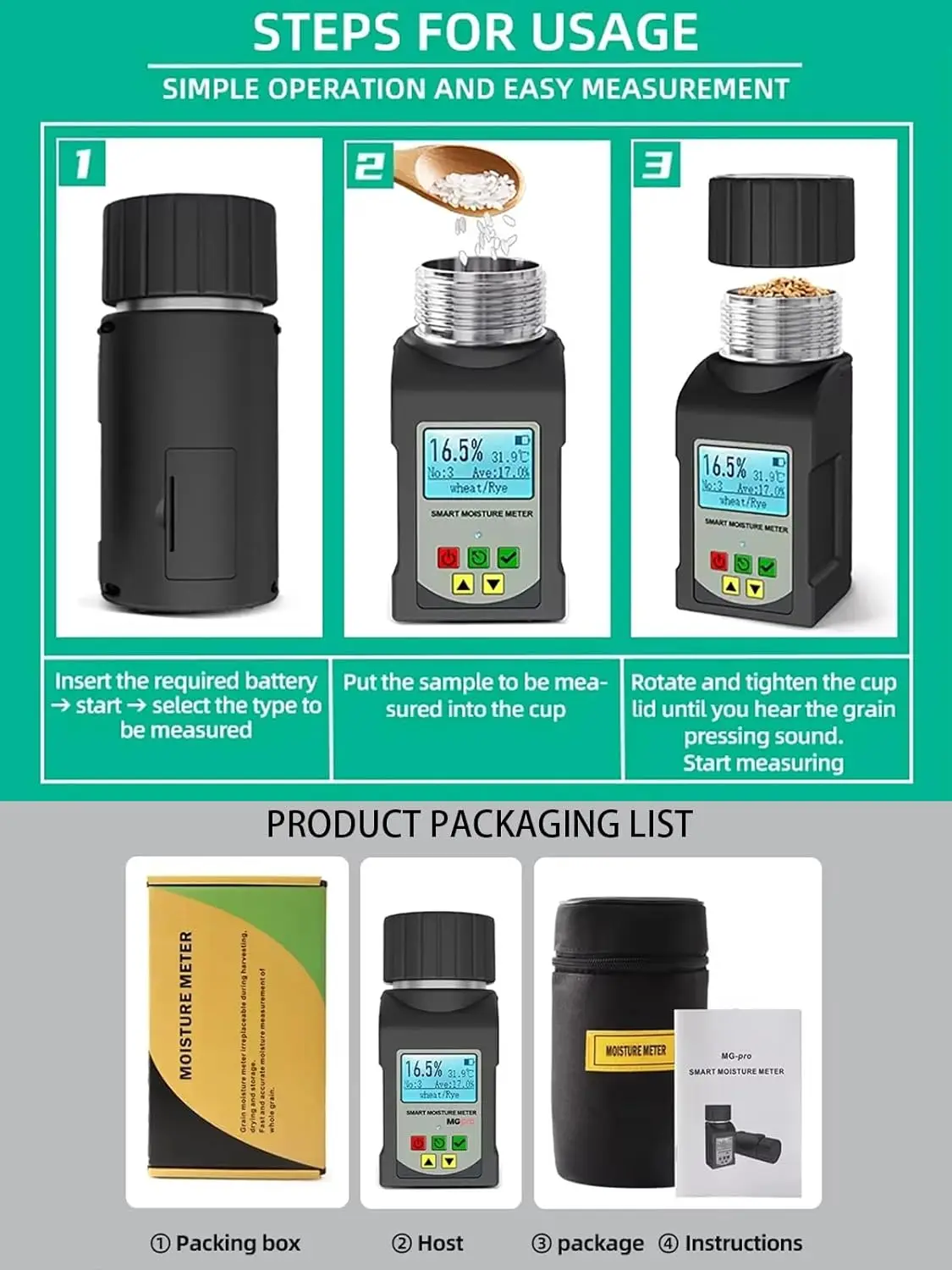 Smart Digital Grain Moisture Meter Humidity Tester for 25 Kinds Grains Corn Coff