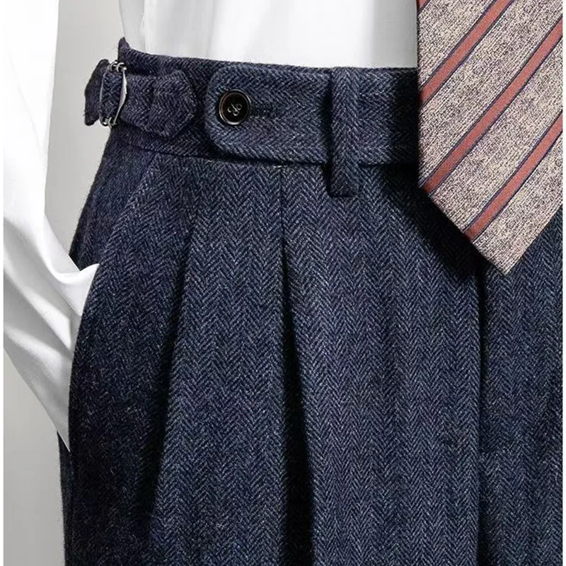 Fashion Naples Suit Pants Men England Style High Waist Business Straight Slim Trouser Autumn Winter Woolen Vintage Gurkha Pant 3