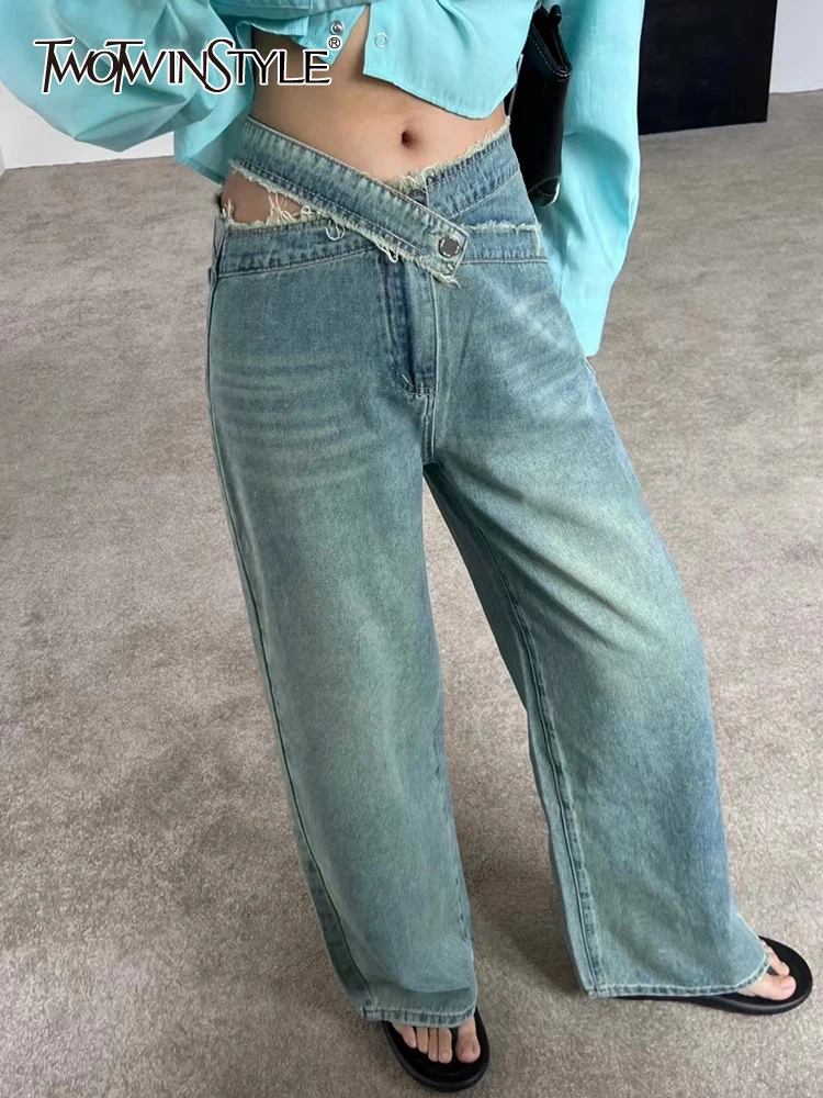 

TWOTWINSTYLE Denim Hollow Out Jeans For Women High Waist Patchwork Button Loose Irregular Autumn Wide Leg Pants Female 2023 New