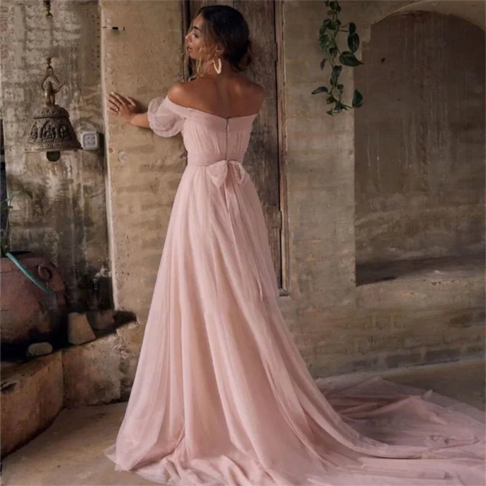 

elegant Bateall A-line Prom Dresses Bows Chiffon Floor length wedding dresses for woman فساتين للحفلات الراقصة vestidos de