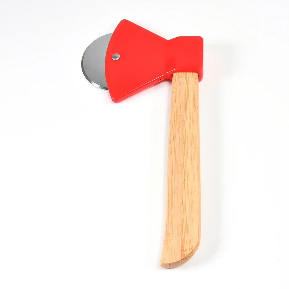 Pizza Cutter Axe Bamboo Handle Rotating Blade Home Kitchen Cutting Tool